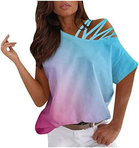 FMCHICO Tops for Women Casual Summer One Off Shoulder Strappy T Shirts Short Sleeve