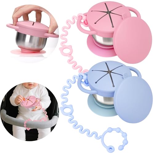Image of Palksky Toddler Snack Cups Stainless Steel for Kids, 2 Pack 5-in-1 Snackle Containers with Spill-Proof Silicone Lids,Handles,Suction Base,Anti-Loss Tether, Baby Snack Box No-Spill for On-the-Go,Travel