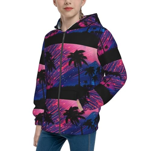 Palm Tree Shooting Star Kids Pullover Hoodies Boys Zip Up Sweatshirts Girls Athletic Clothes with Pocket
