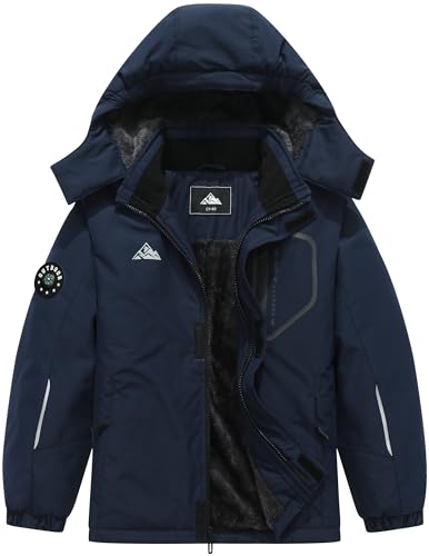 QUCOOM Boys Winter Warm Skiing Jacket Kids Thick Fleece lined Waterproof Snow Coat Windproof Rain Jacket with Detachable Hood, Navy, 13-14