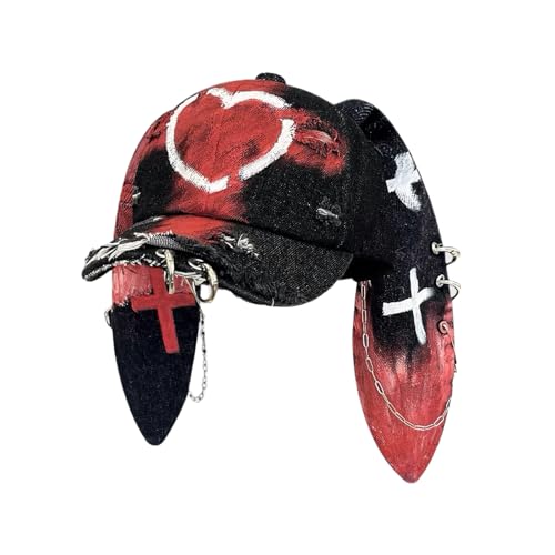 Image of Y2k Hat Punk Hats Denim Bunny Hat Chains Distressed Baseball Cap Kpop Outfits Y2k Grunge Hats for Women