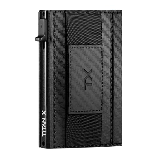 TITAN X Bifold Wallet | Slim Metal Leather with Cash Strap | Pop Up Card Access, ANTI-RFID (Carbon Fiber)