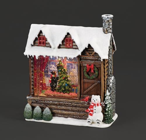 Roman 9" H Lighted Swirl Rustic Snowcovered Cabin with Black Bear Lighting Christmas Tree - Confetti Lites Holiday Home Decor