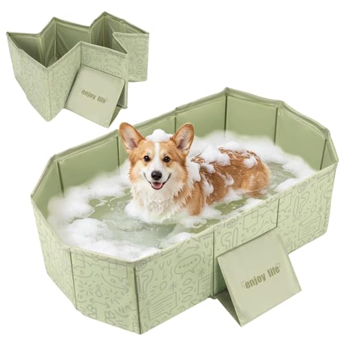 Foldable Dog Bathtub for Small to Medium Dogs & Cats Portable Dog Tub with Drain Plug & Non-Slip PVC Bottom Use as Shower Pet Bathtub or Puppy Pool Fold Flat for Easy Carry & Storage (Green)
