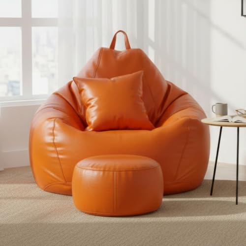 Image of KAM'S LIEU 5XL Premium Leatherette Bean Bag Combo with Footrest & Cushion | Pre-Filled with EPS Beans | Double Stitched | 6 Months Warranty | Orange