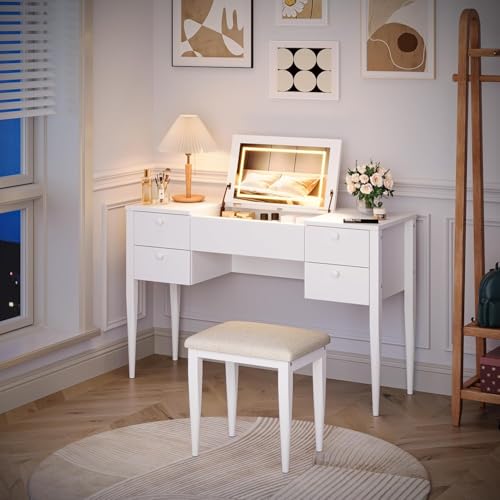 Tioutbot Makeup Vanity Desk - Small Vanity Table with Flip Top Mirror and Lights 3 in 1 Vanity Table with 5 Drawers 3 Lighting Mode Make Up Vanity Set with Chair for Bedroom