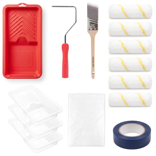 Wesquer 14-Piece Paint Roller Kit, 4 Inch Microfiber Roller Set with Brush, Tray, Drop Cloth & Painters Tape for Wall, Furniture & DIY Painting Projects