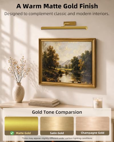 Image of EZVALO 16 inch Picture Light for Wall, 6000mAh Rechargeable Wireless Picture Light with Remote, Dimmable Battery Operated Painting Light with 3 Color Temps for Wall Art, Living Room, Hallway - Gold