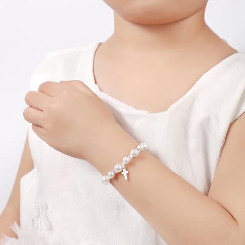 Image of Pearl Cross Bracelets for Girls, Sterling Silver Baby Bracelet, Baptism Gifts for Girl, Christening and First Communion Christian Jewelry Gift for Kids