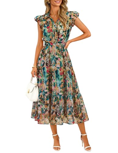 ZESICA Women's Summer Floral Midi Dress 2026 Casual Flutter Short Sleeve Chiffon Button Down Wedding Guest Party Dresses Green Medium