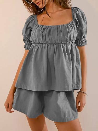 Image of Tankaneo Womens 2 Piece Outfits Summer Square Neck Short Puff Sleeve Babydoll Tops and Shorts Matching Set