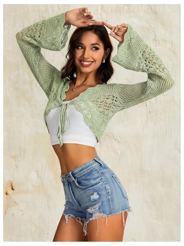Image of OYOANGLE Women's Crochet Tie Front Sweater Cardigans Bell Sleeve Knitted Cropped Bolero Shrug Cardigan