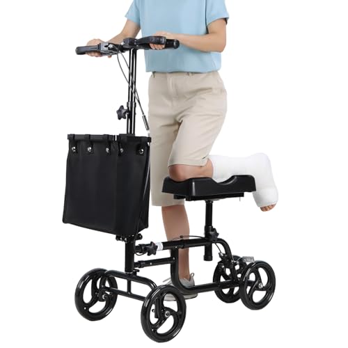Steerable Knee Scooter with Rear Wheel Brake & Locking Handbrake Crutches Alternative Adults Knee Walker with Canvas Bag Adjustable All-Terrains for Broken Foot Ankle Injury Surgery