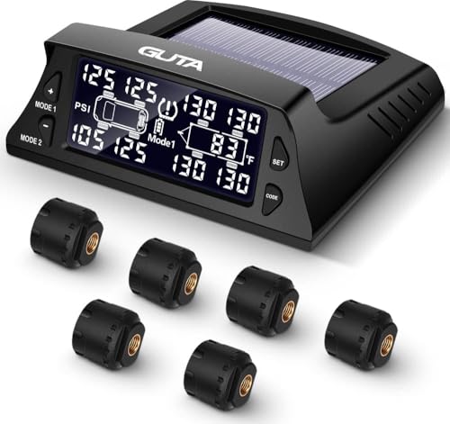 GUTA Solar Tire Pressure Monitoring System for RV - Tire Pressure Monitoring System with 6 External Sensor(0-188 PSI), RV TPMS, LCD Display, Sleep Mode, Real-time Monitor, Solar Power