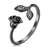 Black Rose Open Rings Aesthetic 925 Sterling Silver Adjustable Finger Ring Feaf Black Dainty Band Rings Jewelry for Women Couple Gift