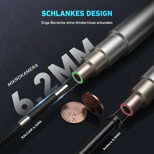 Bild 2 - Ralcam Endoskopkamera mit Licht, 6.2mm 210° Bi-Direktionale Inspektionskamera, 4.3“ 1280x720P Rohrkamera, IP67 Wasserdicht 1M Halbsteifes Kanalisationskamera Teleskopkamera Auto Montierte Werkzeuge