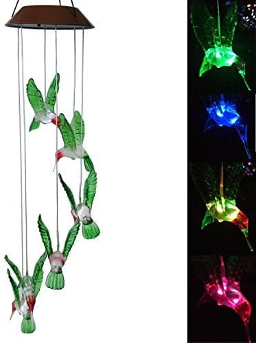 Solar Mobile Wind Chime with Color-Changing LED Lights - Waterproof Hummingbird Wind Chimes for Home, Party, Garden Decoration (Copper Board Hummingbird)