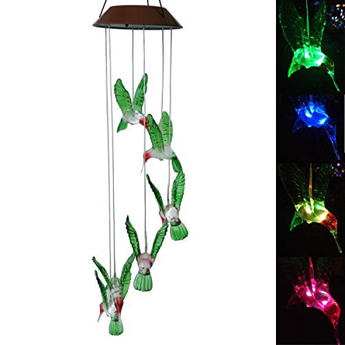 Topspeeder Solar Mobile Wind Chime with Color-Changing LED Lights - Waterproof Hummingbird Wind Chimes for Home, Party, Garden Decoration (Copper Board Hummingbird)