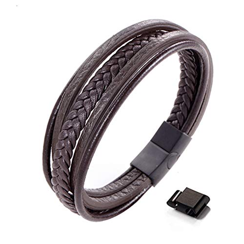 Preisvergleich Produktbild Amery Echtlederarmband für Männer Lederarmband Herren Magnetverschluss Edelstahl Armband Echtleder Herren Armband Herren Männer Leder Geflochten Verstellbar Breit Leder Schwarz Braun Armbänder 21CM