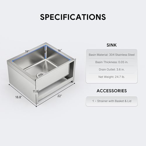 Image of WILPREP Commercial Mop Sink, 19x16x8 Inch 304 Stainless Steel Utility Sink with Strainer & X-Shaped Floor Guides for Kitchen Laundry Garage Pet Salon