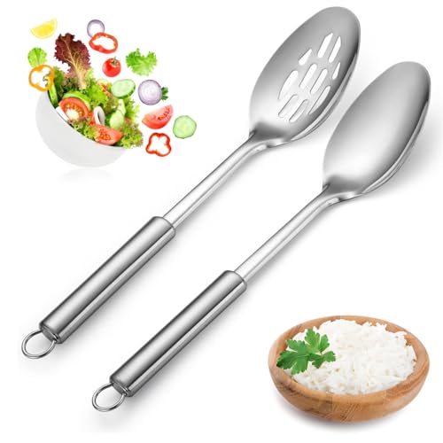 2 Stück Salatlöffel Großer Löffel EsslöFfel Servierbesteck Kochutensilien Set Edelstahl Servierlöffel und Geschlitzter Löffel Set Edelstahl...