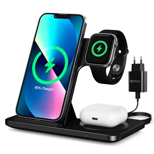 Wireless Charger, 18W 3 in 1 Induktive Ladestation für iWatch SE/7/6/5/4/3/2, AirPods Pro/2, QI Ladestation Kompatibel mit i/Phone 15/14/13 Pro...