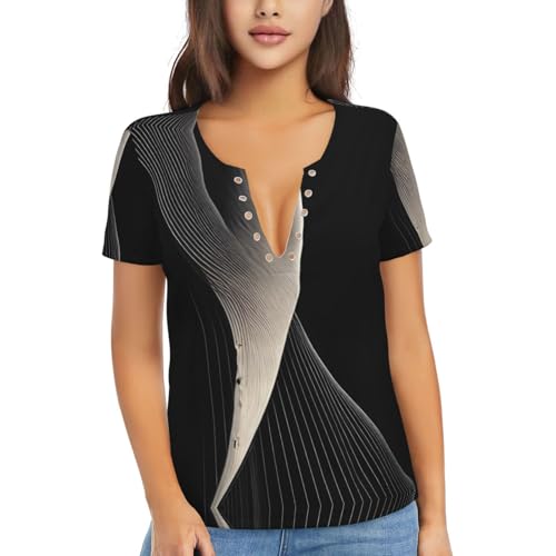 T-shirt col en V profond femme avec motif abstrait et manches courtes