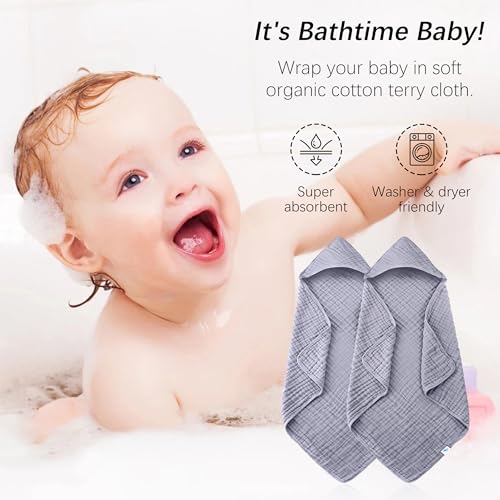 Image of SWEET DOLPHIN Muslin Hooded Baby Bath Towels - 2 Pack 100% Cotton Towel for Babies, Infants, Toddlers - 32x32Inch - Highly Absorbent and Newborn Essential, Grey