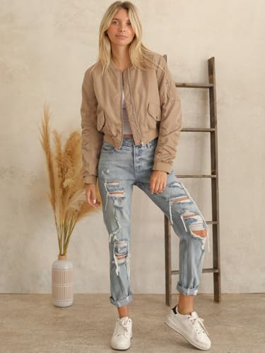 MixMatchy Women's Casual Bomber Jacket Zip Up Outerwear Windbreaker with Pockets4