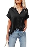 Pausus Women's Silk Button Down Shirts for Women Short Sleeve Business Office Black Satin Blouses Tops（Black,S）