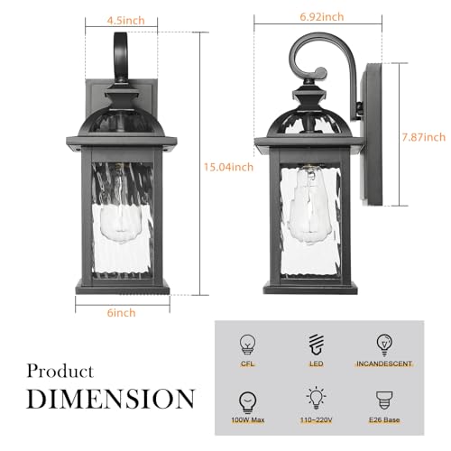 Image of Darkaway Outdoor Lights Fixture Wall Mount, Exterior Wall Light with Water Ripple Glass Waterproof Black Outside Wall Sconce for House Porch Hallway Garage