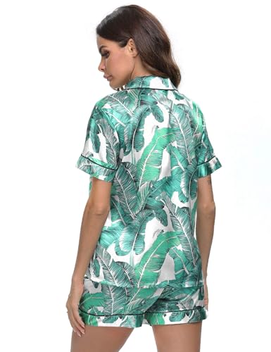 Image of SWOMOG Womens Silk Satin Pajamas Set Short Sleeve Sleepwear Button Down Top and Shorts Loungewear 2 Piece Pjs Set XS-3XL