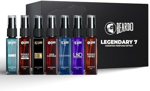 Beardo Legendary 7 Assorted Perfume Gift Set for Men 7X8ml with Long Lasting Fragrances | Travel Pack with Mariner Whisky Smoke Dark Side God Father Tsunami & Black Musk | Rakhi Gift for Brother | Gift for boyfriend | Gift for Men | Gift for Brother