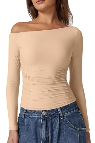 QINSEN Women's Sexy Off Shoulder Shirt Long Sleeve Double Lined