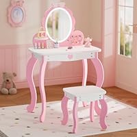 MU Kids Vanity Set with Lighted Mirror and Stool, Kids Makeup Vanity Desk with Storage Space, Bow Pattern for Little Girls, Toddler Princess Makeup Dressing Table with Chair Set, Pink