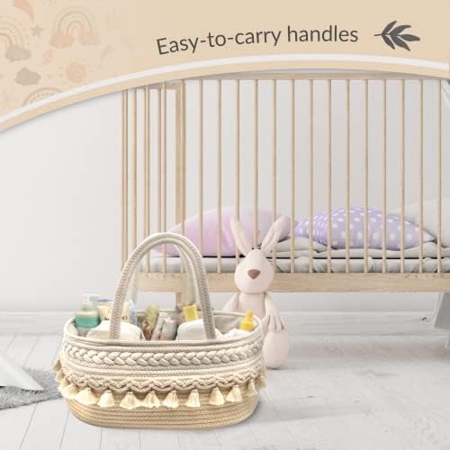 MillyBeas Baby Nappy Caddy Organiser, Large Cotton Rope Bohemian Basket for Diaper Storage with Changeable Dividers, Newborn Portable Nursery Bin, Baby boho Hamper for Mums
