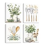 Dazzlewall Set de 3 Piezas Arte de Pared Rama de Oliva Rústica, Lienzo de Rama de Oliva Verde en Maceta de Barro para Cocina Estilo Fermier 30×40 cm Enmarcado