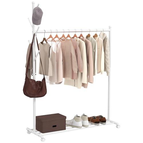 HOMCOM Kleiderständer, Kleiderständer auf Rollen, Kleiderständer mit Schuhregal und 5 Haken, Metallrahmen, für Flur, Schlafzimmer, 120 x 43 x 171 cm, weiß
