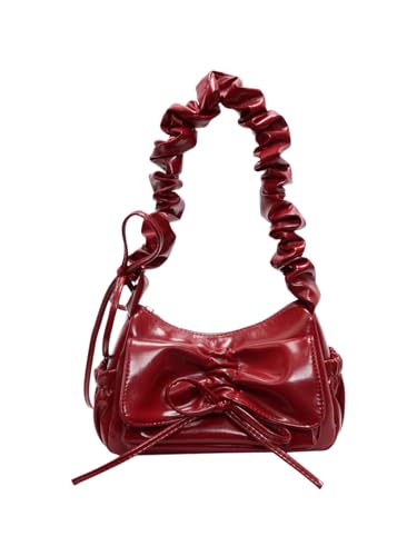 Women's Ruched Leather Shoulder Bag Drawstring Zipper Underarm Handbag Y2K Purses