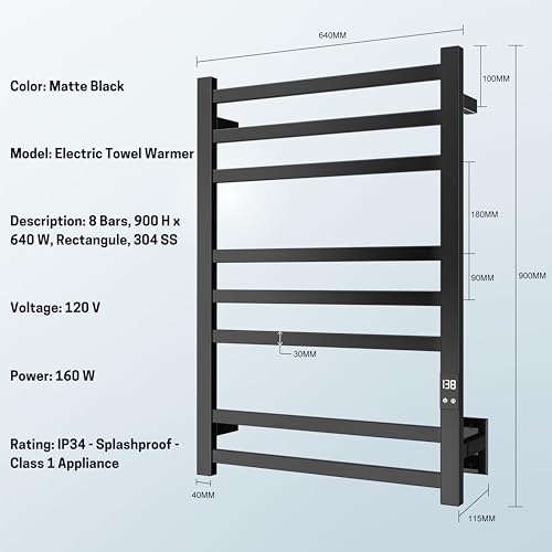 Peaktrivol 10NLY 8-Bar Towel Warmer With Fast Heating, Auto Shut-Off Timer, Matte Black Finish - Hardwired Or Plug-In Options thumb #5