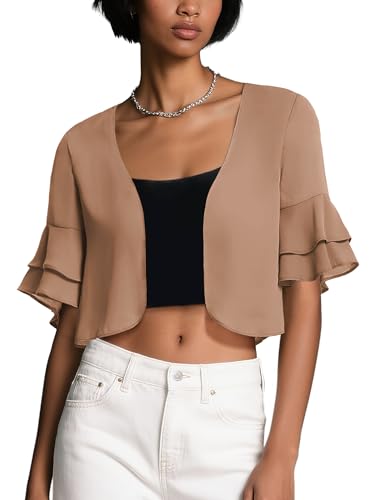 Image of Urban CoCo Women's Sheer Chiffon Bolero Shrug Ruffle Short Sleeve Open Front Cropped Cardigan for Dresses
