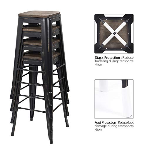 Devoko Metal Bar Stool 30'' Indoor Outdoor Stackable Barstools Modern Industrial Square Wood Top Bar Stools Set Of 4 (Black Gold) #TOP4