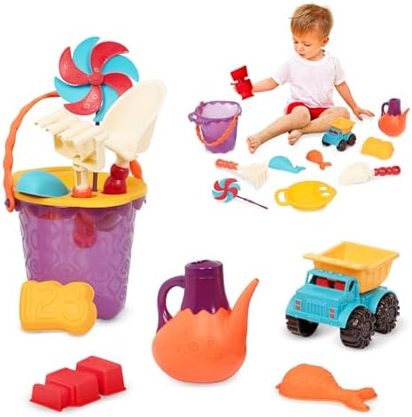 B. Toys – B. Ready Beach Bag – Beach Tote with Mesh Panel and 11 Funky Sand Toys – Phthalates