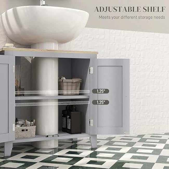kleankin Pedestal Sink Storage Cabinet, Under Sink Cabinet with U-Shape and Adjustable Internal Shelf, Gray
