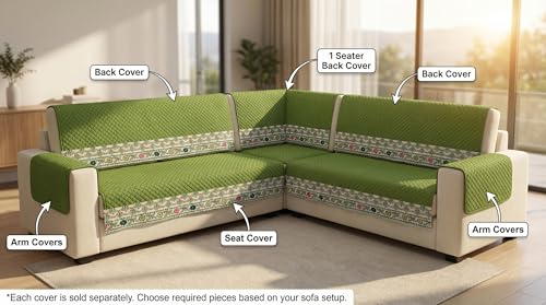 Image of Velvet L Shape 2+2 (4 Seater) Sofa Cover Fully Covered | Anti Skid Non Slip | Plain Green | Washable Furniture Protector
