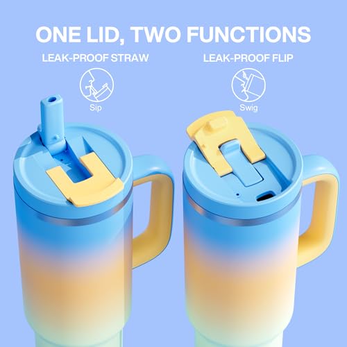Image of ENCOOL 40 oz Tumbler with Handle and Straw: Stainless Steel Insulated Tumbler Keeps Cold for 24 Hours, Leakproof Travel Cup Fits in Cup Holder and BPA-Free, Sunny Breeze