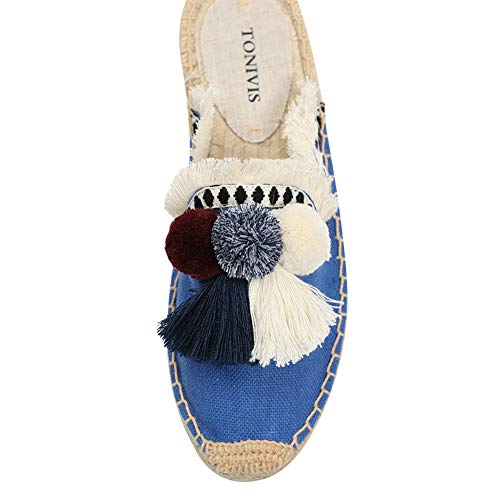 Tonivis Women's Mule Flat Shoes With Tassel & Pompom, Espadrilles Slides Backless Slipper Slip On Loafer Shoes Blue 8 Size #TOP3