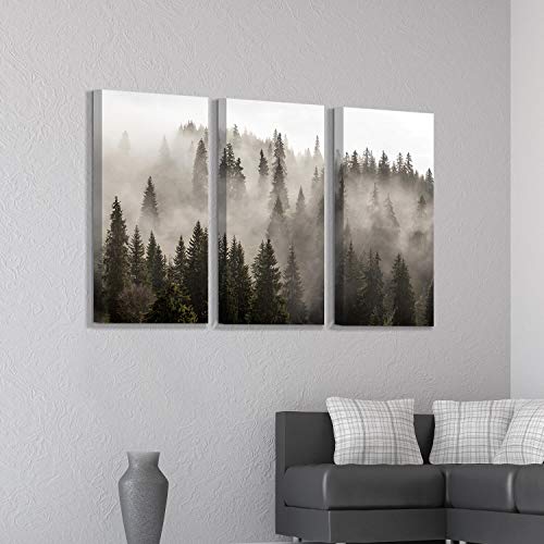 Hardy Gallery Foggy Forest Picture Wall Art: Landscape Painting Misty Pine Trees Artwork Print On Canvas For Living Rooms Office (34"X20"X3Pcs) #TOP2