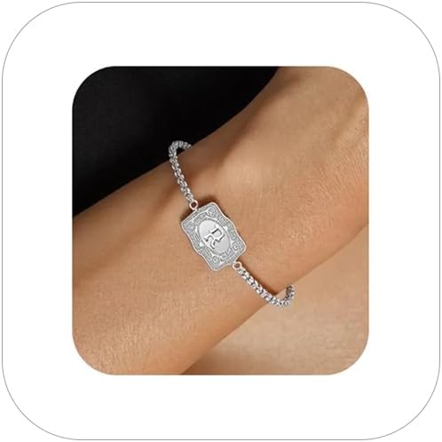 Belt Buckle Initial Bracelet for Women,Chunky Silver Embossed Belt Buckle Bracelet with Initial Letter A-Z Charm Bracelets,Personalized Rodeo Cowboy Country Western Jewelry Accessories
