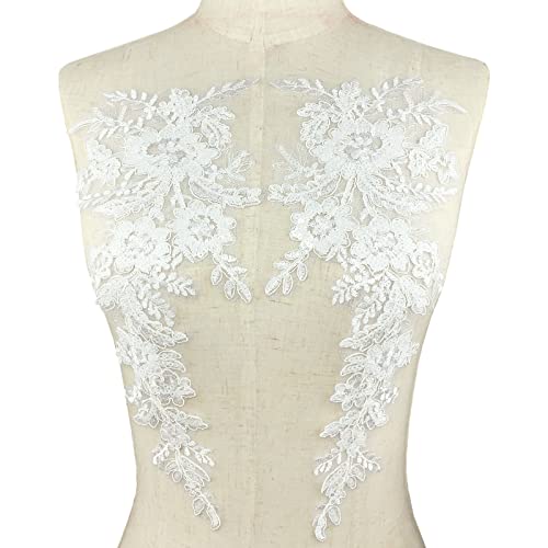 1 Pairs Sequins Flower Embroidery Lace Appliques Floral Embellishments Sew on Patches for Wedding Bridal Dress Party Gown Clothing Bodice Craft DIY (#1 White-Off Car Bone Style)